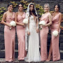 Sexy Pink Spaghetti Strap Sleeveless Slit Satin Long Bridesmaid Dresses