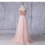 Pink Spaghetti Straps V Neck Sleeveless Tulle A line Maxi Bridesmaid Dresses With Sequin