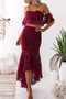 Burgundy Two Piece High Low Off-the-Shoulder Mermaid Lace Homecoming Dresses M312