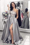 Elegant One Shoulder Long Sleeves Lace Appliques Prom Dress with Split Side P857