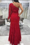 Charming Red Lace Long Sleeves One Shoulder With Split Side Prom Dress P029