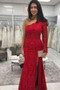 Charming Red Lace Long Sleeves One Shoulder With Split Side Prom Dress P029