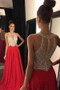 Elegant Red Beaded Illusion Neck chiffon Floor Length Prom Dress With sleeveless