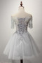 Sweetheart Light Gray Off Shoulder Homecoming Dresses,Appliques Lace Short Prom Dress HCD105