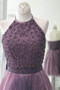 Purple Halter Homecoming Dresses,Scoop Beaded Open Back Short Prom Dress HCD119