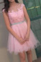 Pink Sheer Capped Sleeve Homecoming Dresses,Layers Tulle Appliques Beading Short Prom Dress HCD139