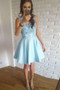 Blue V Neck Sleeveless Homecoming Dresses,Lace Up Appliques Short Prom Dress H159