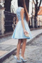 Blue V Neck Sleeveless Homecoming Dresses,Lace Up Appliques Short Prom Dress H159