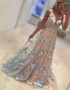 A Line Sweep Train Deep V Neck Sleeveless Lace Appliques Prom Dress,Evening Dress P90