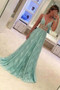 Mint A Line Sweep Train Deep V Neck Sleeveless Prom Dress,Formal Dress P102