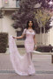 Pink Trumpet Court Train Long Sleeve Sheer Back Appliques Beading Prom Dress,Party Dress P154