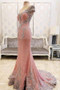 Pink Sheath Court Train Capped Sleeve Sheer Back Beading Prom Dress,Party Dress P156