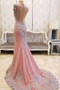 Pink Sheath Court Train Capped Sleeve Sheer Back Beading Prom Dress,Party Dress P156