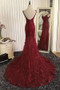 Burgundy Trumpet Sweep Train V Neck Mid Back Appliques Beading Long Prom Dress,Party Dress P225