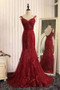 Burgundy Trumpet Sweep Train V Neck Mid Back Appliques Beading Long Prom Dress,Party Dress P225