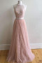 Pink A Line Floor Length Sleeveless Halter Appliques Tulle Prom Dress,Evening Dress P250
