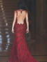 Red Tulle Mermaid V-Neck Sleeveless Sweep Train Long Prom Dresses with Beading P547