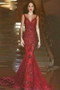 Red Tulle Mermaid V-Neck Sleeveless Sweep Train Long Prom Dresses with Beading P547