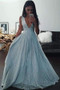Blue A Line Floor Length Deep V Neck Sleeveless Beading Prom Dress,Formal Dress P302