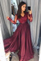 Burgundy A Line Brush Train V Neck Long Sleeve Lace Prom Dress,Party Dress P463