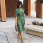 V-NECK GREEN FLORAL HALF-SLEEVE BOHO LONG DRESS