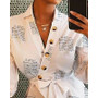 Women Casual Blouse Printed Button V Neck Shirt Long Sleeve Loose Bandage Tops