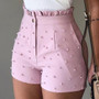 Button Ruffled Beaded Summer  Women Shorts