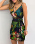 V Neck Leaf Print Mini Summer Dress