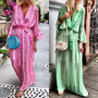 Print V Neck Long Sleeve Loose Casual Maxi Dress