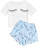 Women's Sleepwear Closed Eyes Print Tee and Shorts Pajama Set