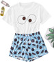 Women's Sleepwear Closed Eyes Print Tee and Shorts Pajama Set