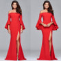 Solid Color Off Shoulder Split Evening Maxi Dress