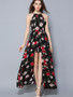 Halterneck Pleated Split-Front Floral Print Maxi Bohemian Dress