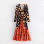 Bohemian Split Hem Floral Print Long Dress Long Sleeve Lace Up Maxi Dress