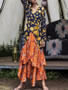 Bohemian Split Hem Floral Print Long Dress Long Sleeve Lace Up Maxi Dress
