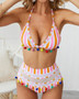 Sexy Striped Pom Pom High Waist Bikini Set