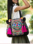 Ethnic Style Embroidery Versatile Canvas Oblique Tassel Shoulder Bag