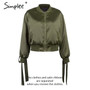 Simplee Basic army green bomber jacket coat women Satin lace up pocket biker jacket outerwear Autumn
