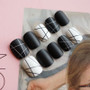 24pcs Vintage Black White Line Short Fake Nails Tips with Glue