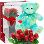 Valentines Day Gift Basket | Teddy Bear Plush (COLOR MAY VARY) & Dozen Belgian Milk Chocolate Flower Bouquet Roses