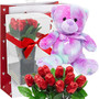 Valentines Day Gift Basket | Teddy Bear Plush (COLOR MAY VARY) & Dozen Belgian Milk Chocolate Flower Bouquet Roses