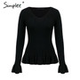 Simplee Ruffle knitted women sweater Flare sleeve v neck peplum tops sweater Autumn winter 2018 casual sweater female