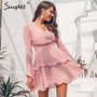 Simplee Elegant pleated chiffon women dress summer 2019 Long sleeve v neck ruffles white dresses Casual mini dress vestidos