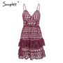 Simplee Sexy v-neck embroidery women dress Spaghetti strap hollow out ruffled summer dress Elegant party mini dress vestidos
