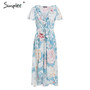 Simplee Sexy v neck women asymmetric dresses Short sleeve floral print long plus size dress Summer elegant holiday vestidos 2019