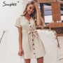 Simplee Vintage Button Women Dress Shirt V Neck Short Sleeve Cotton Linen Short Summer Dresses Casual Korean Vestidos Festa