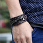 Mens Leather Cuff Bracelet Brown with Metal Charm