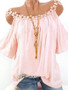 Women's T-shirt Solid Colored Lace Fashion Off Shoulder Round Neck Tops Basic Top White Blushing Pink Green-828