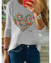 Women's T shirt Heart Floral Flower Long Sleeve Round Neck Tops Basic Top White Blue Blushing Pink