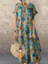 Women's Swing Dress Maxi long Dress - Short Sleeve Floral Patchwork Print Summer Fall Work Casual Cotton Blue Red Yellow S M L XL XXL 3XL 4XL 5XL